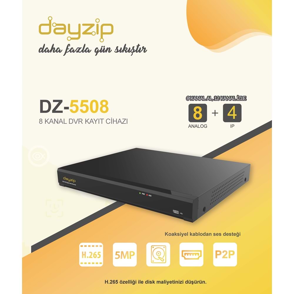 DZ-5508 8 Kanal H.265 1*8TB XVR Kayıt Cihazı 8 Kanal + 4 Kanal IP , 12 Kanal İzleme