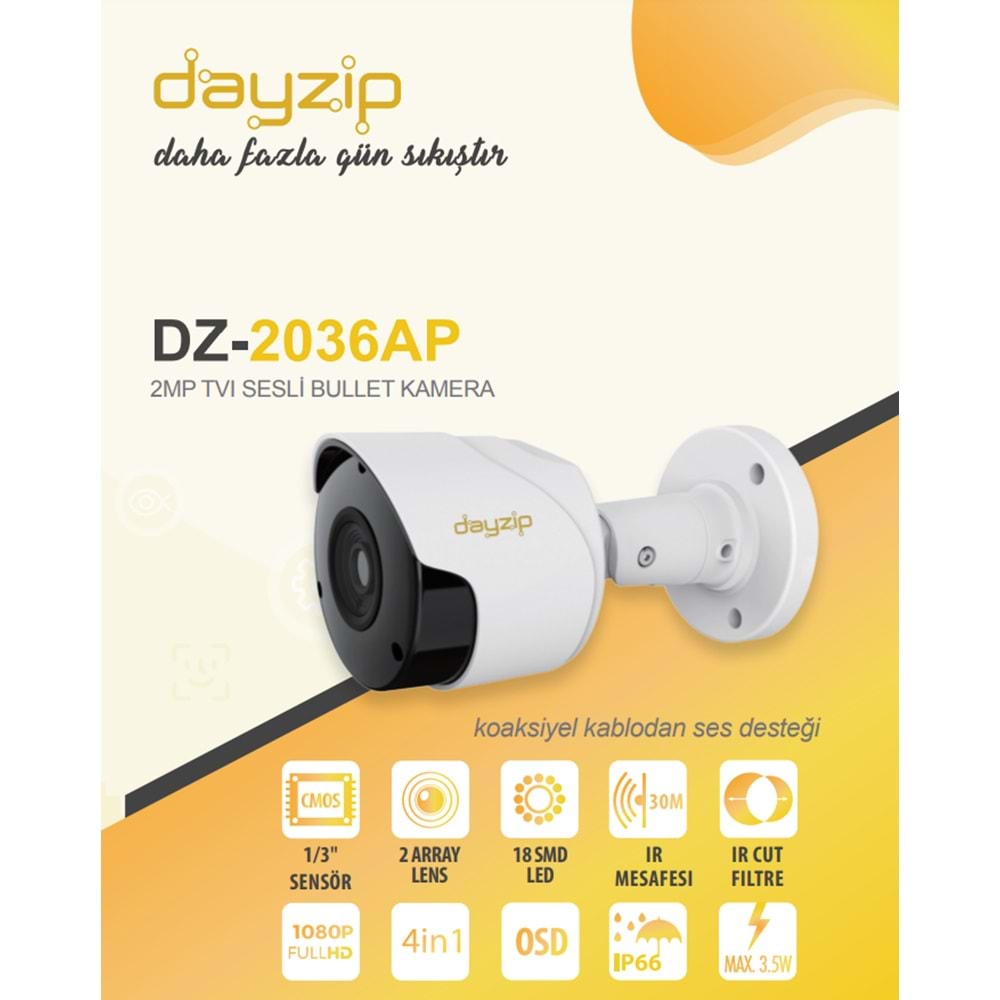 DZ-2036AP 1/3 3.6mm 2MP 1080P TVI Sesli Bullet Kamera 18 Led / 30 metre AHD, Analog, HDTVI,HDCVI