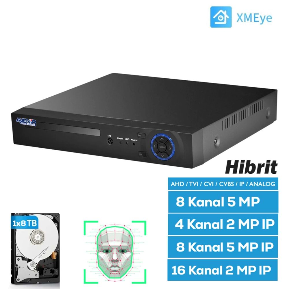 AVENİR AV-TC08M 5MP DESTEĞİ H.265 8 KANAL 8TB DESTEĞİ XMY KAYIT CİHAZI