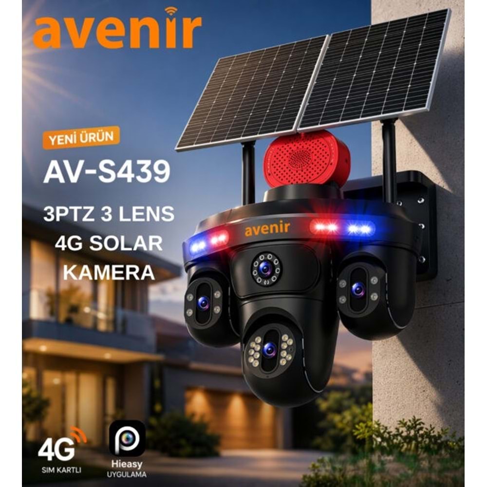 AVENİR AV-S439 4G 3 Kameralı 3PTZ Solar eSIM Güvenlik Kamerası
