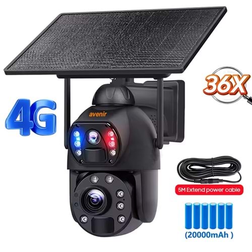AVENİR AV-S436 4G 8MP 36X OPTİKAL ZOOM SİREN VE SESLİ UYARI 50 METRE GECE GÖRÜŞ MESAFESİ İP SOLAR GÜNEŞ ENERJİLİ PTZ KAMERASI