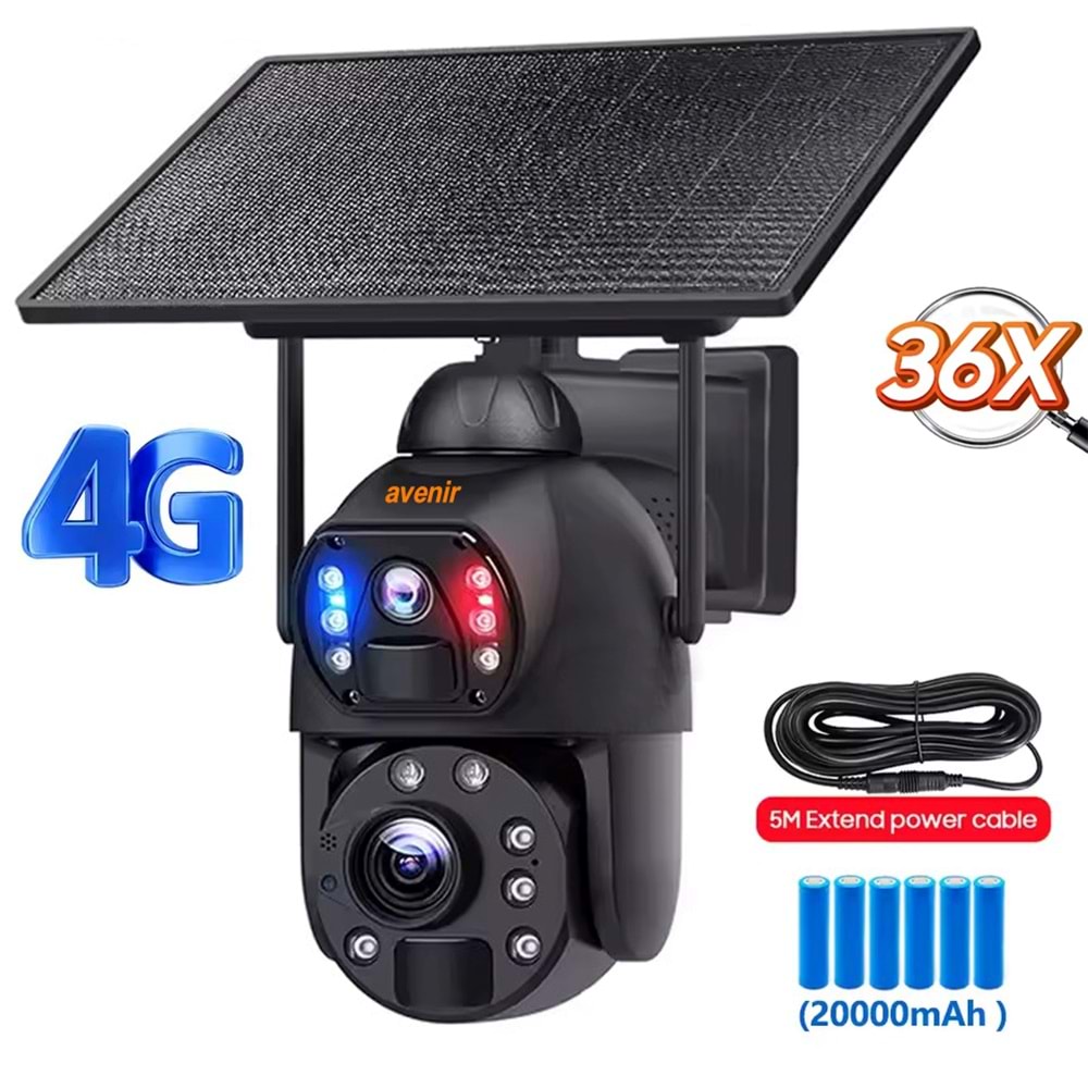 AVENİR AV-S436 4G 8MP 36X OPTİKAL ZOOM SİREN VE SESLİ UYARI 50 METRE GECE GÖRÜŞ MESAFESİ İP SOLAR GÜNEŞ ENERJİLİ PTZ KAMERASI
