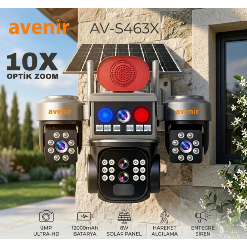 AVENİR AV-S463X 4G 10X OPTİK ZOOM 3 KAMERALI GÜNEŞ ENERJİLİ SOLAR KAMERA